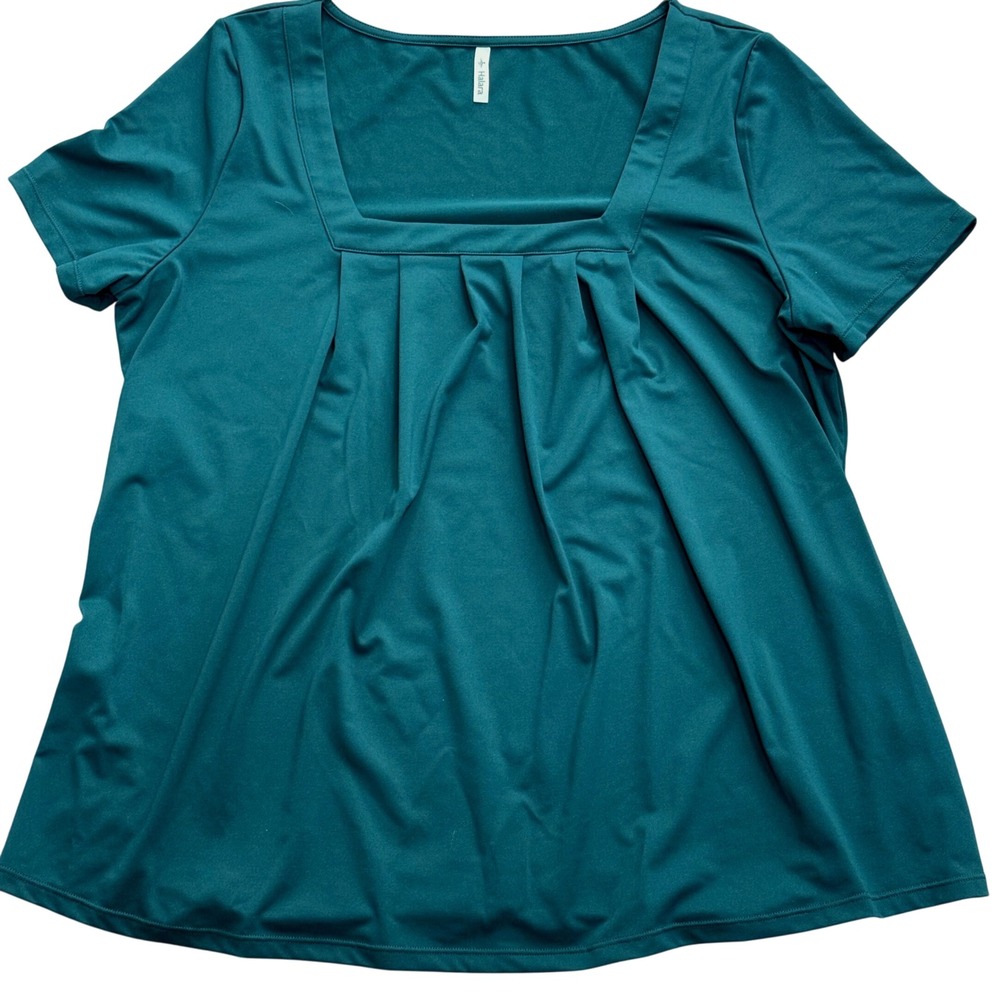 Halara Short Sleeve Pleated Square Neck Top Women XL Hunter Green Casual
